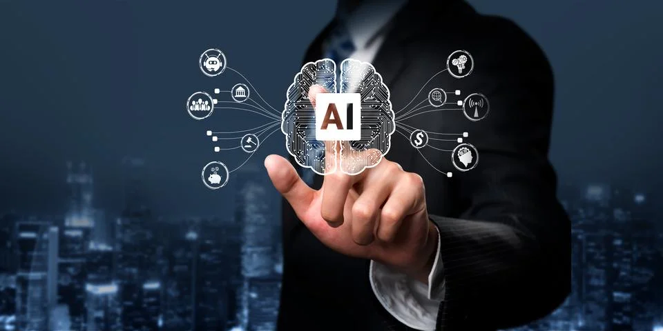 Human interact with AI artificial intelligence brain process generative AI FaaS Stock Photos