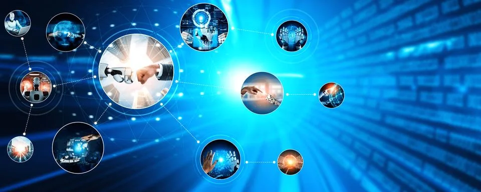 Human interact with AI artificial intelligence virtual assistant NLP robot Foto stock