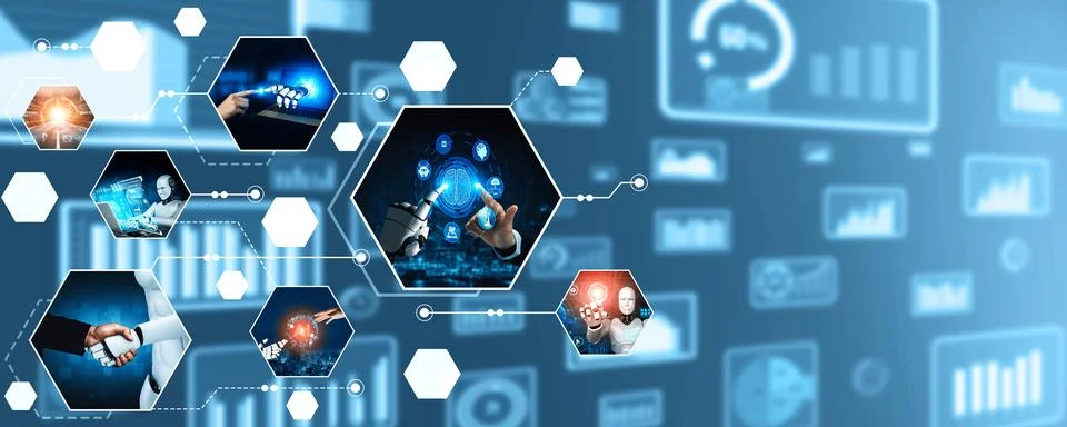 Human interact with AI artificial intelligence virtual assistant NLP robot Stock Photos