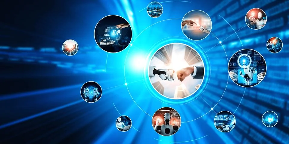 Human interact with AI artificial intelligence virtual assistant NLP robot Stock Photos