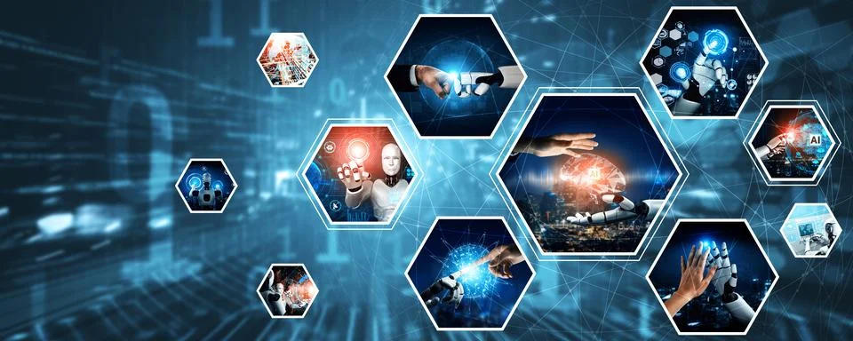 Human interact with AI artificial intelligence virtual assistant NLP robot Stock Photos