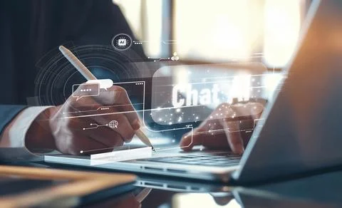 Human interact with AI artificial intelligence virtual assistant EIDE Stock Photos