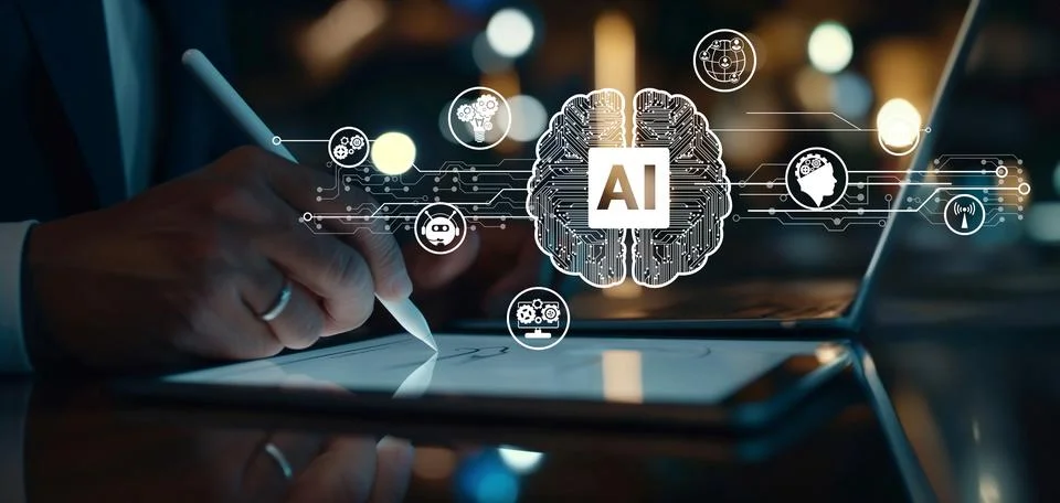 Human interact with AI artificial intelligence brain process generative AI EIDE Stock Photos