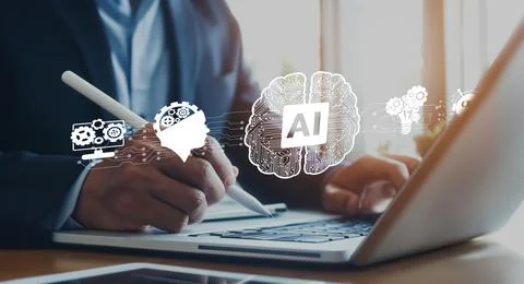Human interact with AI artificial intelligence brain process generative AI EIDE 写真素材