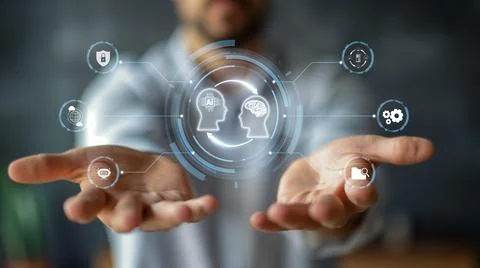 Human interact with AI artificial intelligence brain process generative AI FaaS 스톡 사진