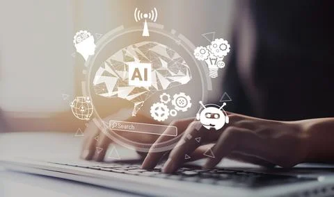 Human interact with AI artificial intelligence brain process generative AI EIDE 写真素材
