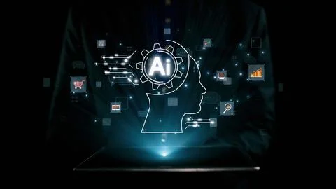 Human interact with AI artificial intelligence brain process generative AI UUID 写真素材