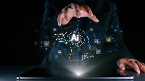 Human interact with AI artificial intelligence brain process generative AI UUID Stock Photos