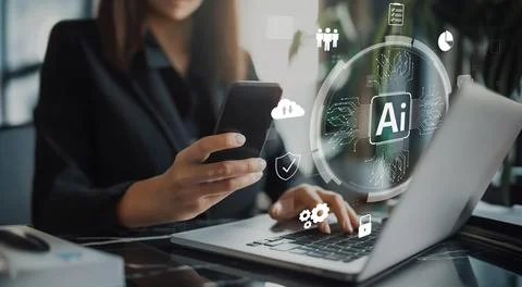 Human interact with AI artificial intelligence brain process generative AI EIDE 写真素材