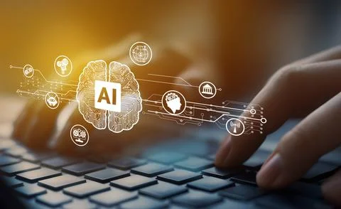 Human interact with AI artificial intelligence brain process generative AI EIDE Stock Photos