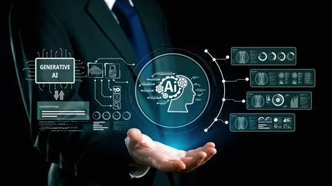 Human interact with AI artificial intelligence brain process generative AI UUID 스톡 사진