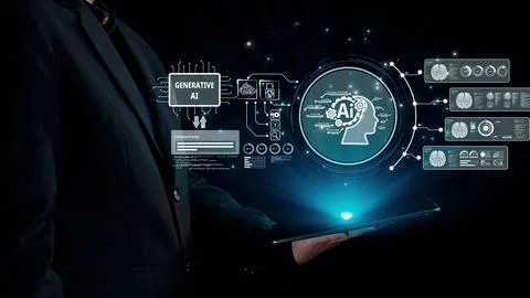 Human interact with AI artificial intelligence brain process generative AI UUID Stock Photos