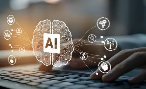Human interact with AI artificial intelligence brain process generative AI EIDE Stock Photos