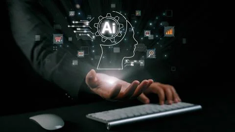 Human interact with AI artificial intelligence brain process generative AI UUID Stock Photos