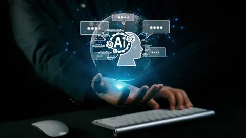 Human interact with AI artificial intelligence brain process generative AI UUID Stock Photos