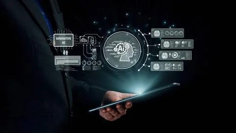 Human interact with AI artificial intelligence brain process generative AI UUID 스톡 사진
