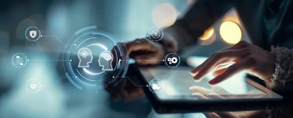 Human interact with AI artificial intelligence brain process generative AI EIDE Stock Photos