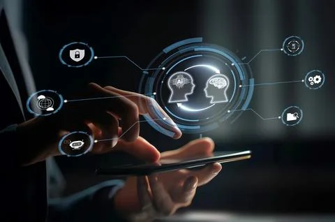 Human interact with AI artificial intelligence brain process generative AI EIDE Stock Photos