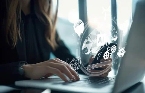 Human interact with AI artificial intelligence brain process generative AI EIDE Stock Photos