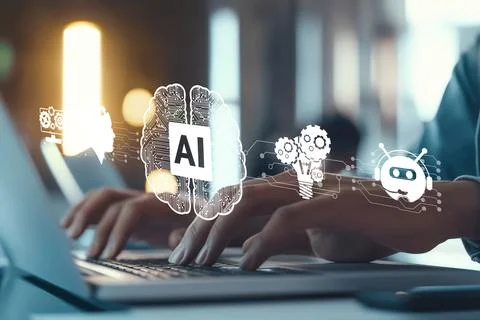 Human interact with AI artificial intelligence brain process generative AI EIDE Stock Photos