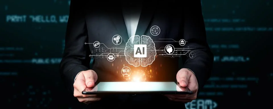 Human interact with AI artificial intelligence brain process generative AI FaaS Stock Photos