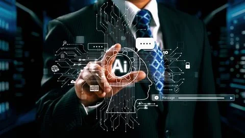 Human interact with AI artificial intelligence brain process generative AI UUID 스톡 사진