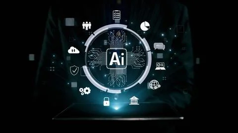 Human interact with AI artificial intelligence brain process generative AI UUID 스톡 사진