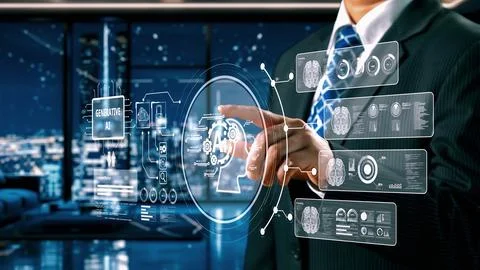 Human interact with AI artificial intelligence brain process generative AI UUID Stock Photos