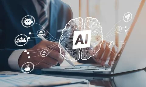 Human interact with AI artificial intelligence brain process generative AI EIDE 写真素材