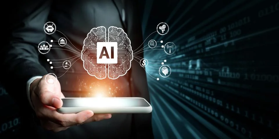 Human interact with AI artificial intelligence brain process generative AI FaaS Stock Photos