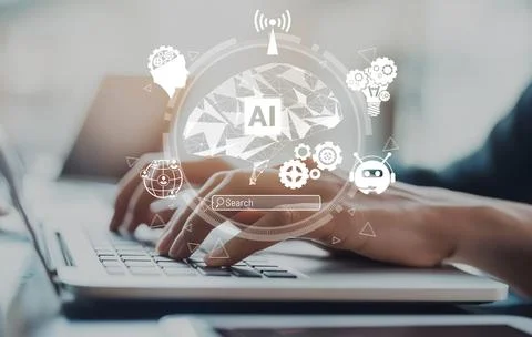 Human interact with AI artificial intelligence brain process generative AI EIDE 스톡 사진