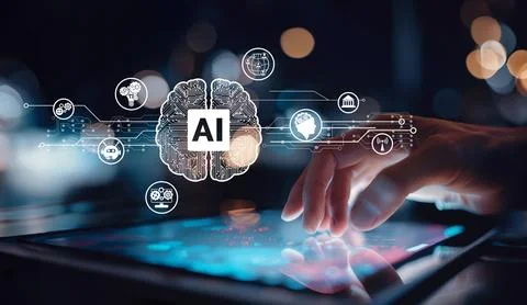 Human interact with AI artificial intelligence brain process generative AI EIDE 스톡 사진