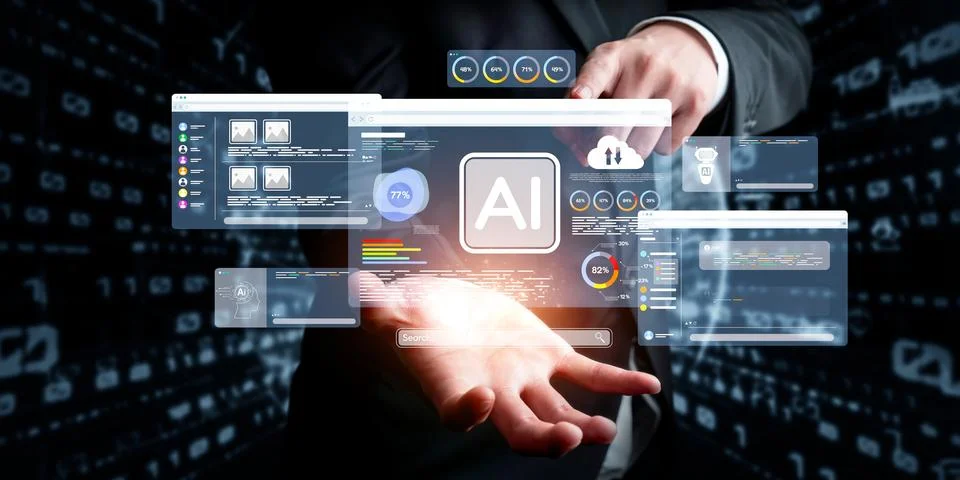 Human interact with AI artificial intelligence brain process generative AI EIDE Stock Photos