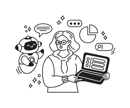 Human interacting with cheerful robot illustration Stock Illustration