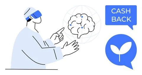 Human interacting with virtual brain and symbols of cashback and sustainabi.. Stock Illustration