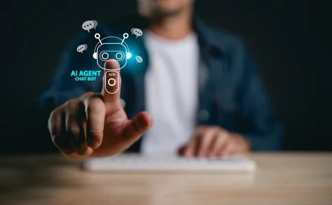 Human Interaction with AI Agent, Modern Chat Bot Concept Featuring Digital .. Stock Photos