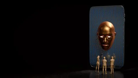 Human Interaction with Artificial Intelligence on Smartphone Screen 3d render 库存插图