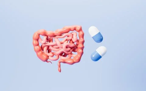 Human intestinal system and probiotics, 3d rendering. Illustrazione stock
