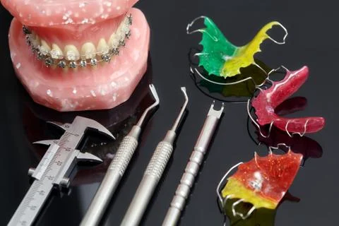 Human jaw or teeth model with dental braces and tools Stock Photos