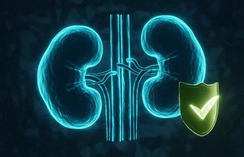 Human kidney with shield on blue background Stock Illustration