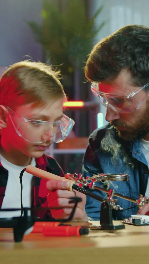 Human knowledge concept where likable confident positive 35-aged bearded dad tea Stock Footage 329709704