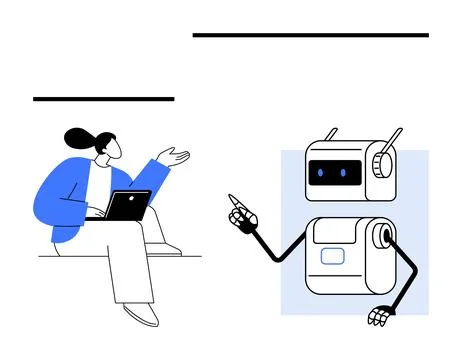 Human with Laptop Interacting with Chatbot in Conversation or Educational S.. Stock Illustration