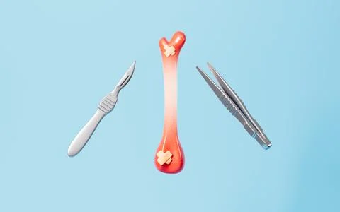 Human leg bone and surgical tools, 3d rendering. Stock Illustration