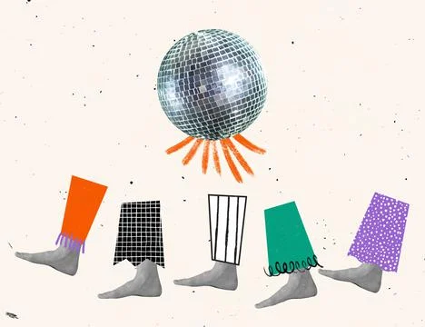 Human legs going to disco dancing. Surrealism. Minimalism, contemporary art Stock Photos