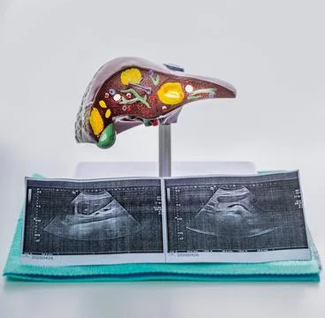Human liver anatomical model above ultrasound scans. Hepatology education and Stock Photos
