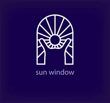Human logo looking at the sun in front of a creative window. Stock Illustration