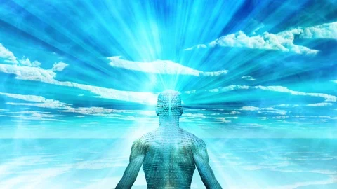 Human looking to the Horizon, Blue background, sky everywhere, Mind Cleansing Stock Footage 94193357