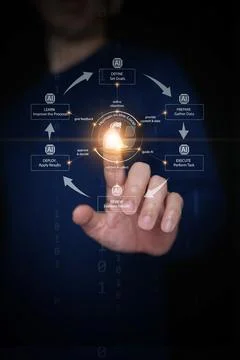 Human in the loop AI diagram on dark binary code background. Control and su.. Stock Photos
