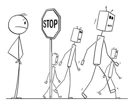 Human Loosing to AI or Robot Competitors, Vector Cartoon Stick Figure Stock Illustration