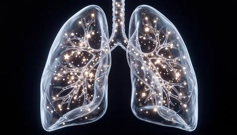 Human lungs internal structure illustration with glowing star shaped particle Stock Illustration